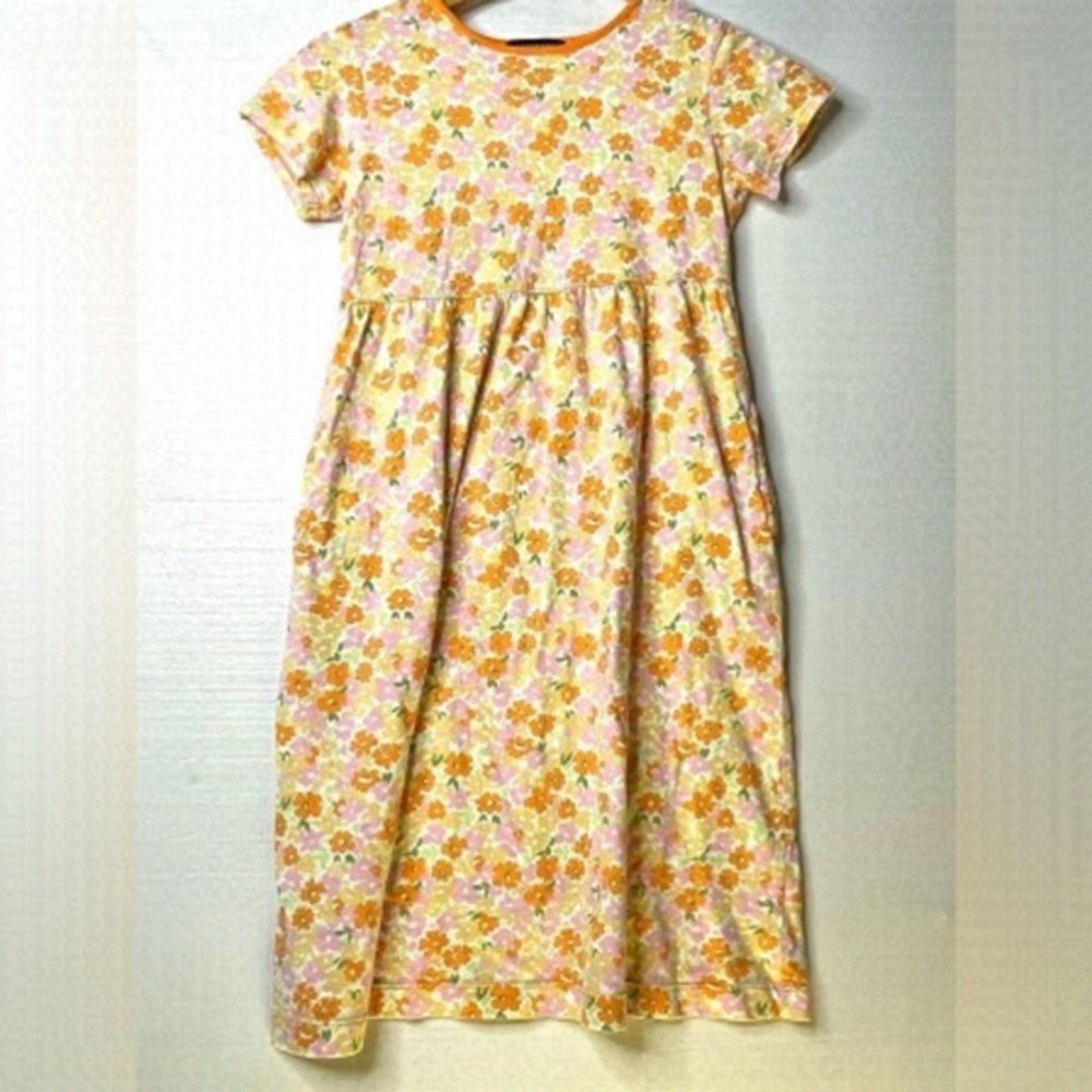 Lands’end Girls Short Sleeve floral Gathered Waist Jersey Dress